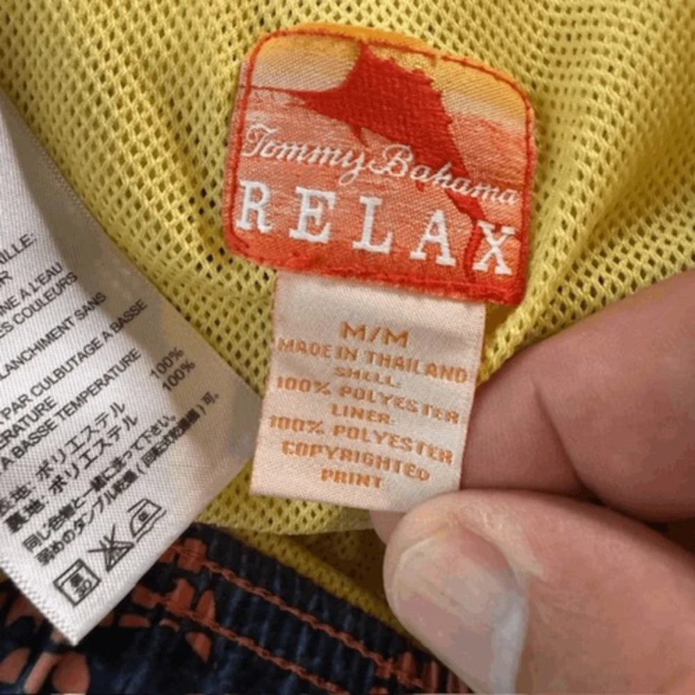 Tommy Bahama Relax Mens‎ Medium Swim Trunks Navy Coral Tropical Leaf Print 6in